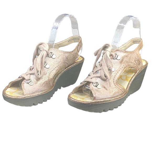 Fly London Women's Yifa Gold Lace Up Wedge Sandal Size 38 US 7.5/8 - Picture 6 of 13